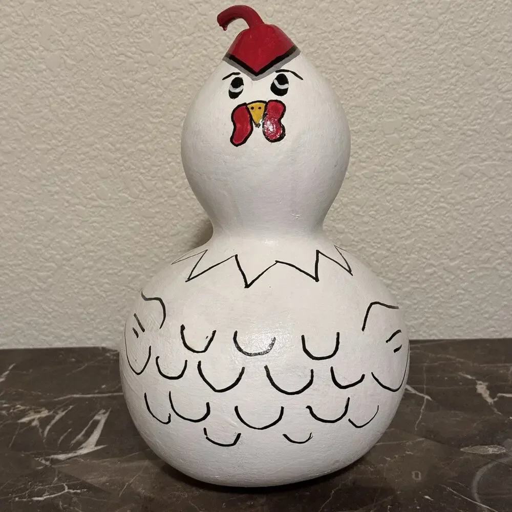 Rooster Gourd Hand Painted Folk Art Shaker 10‎ Inches Shabby Chic Cottage Core